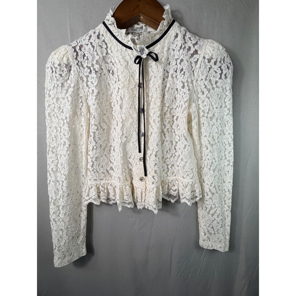 Ronny Kobo Women Lace Cardigan Top White S Ruffle Neck Ribbon Victorian Floral